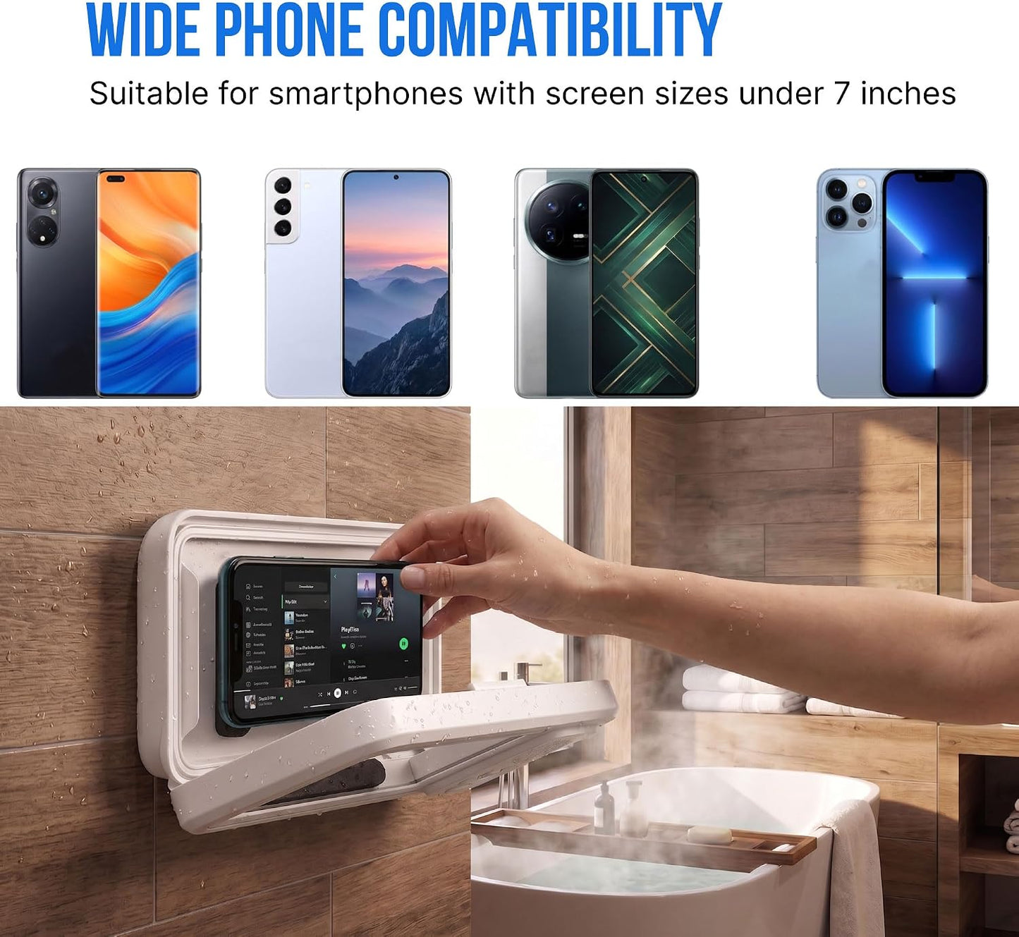 Shower Phone Holder Waterproof with Speaker - Wall Mounted Water Proof Cell Phone Case with Wireless Bluetooth Speaker for Bathroom Mirror - 360 Rotation Hands-Free Holder 7 Inches Phones