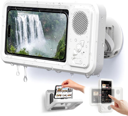 Shower Phone Holder Waterproof with Speaker - Wall Mounted Water Proof Cell Phone Case with Wireless Bluetooth Speaker for Bathroom Mirror - 360 Rotation Hands-Free Holder 7 Inches Phones