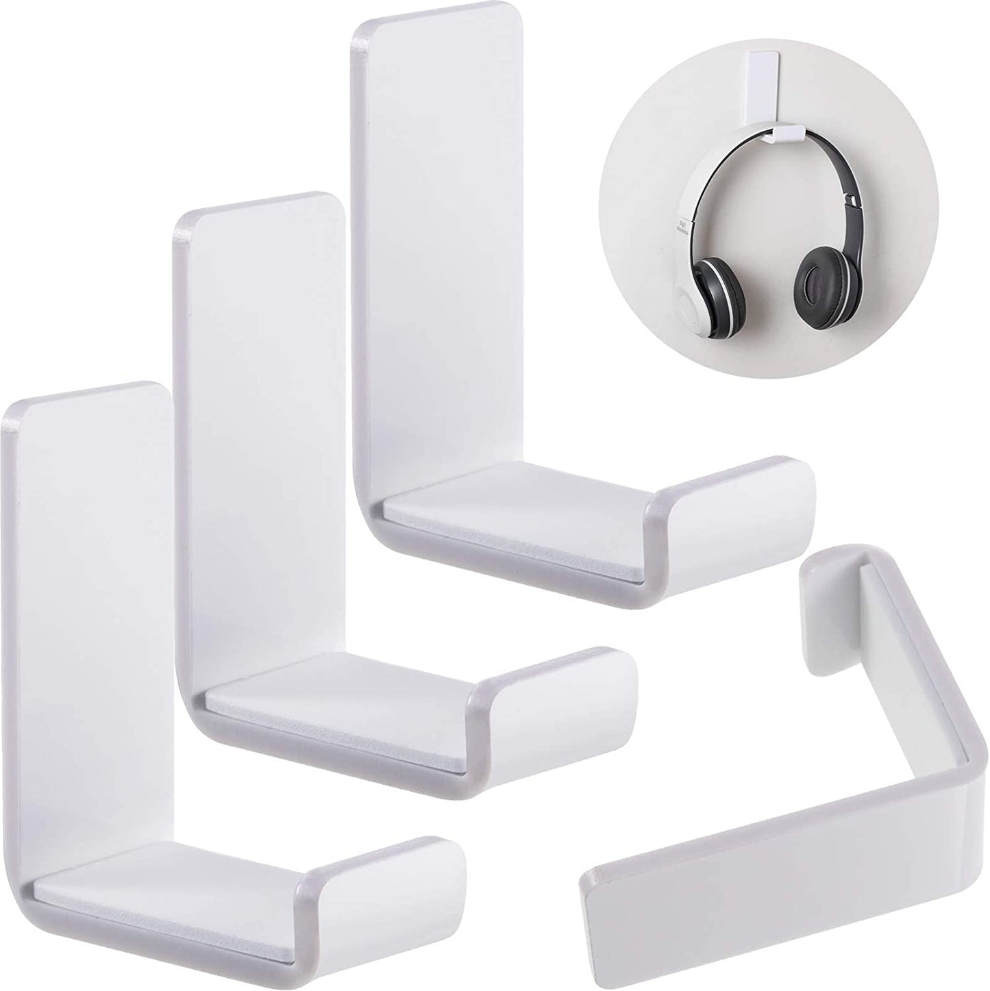 4 Pieces Headphone Hanger Headset Stand Holder Adhesive Wall Mount Headphone Hook for Desk Acrylic Gaming Earphones Hanger with Glues for Earphone Controller(White)