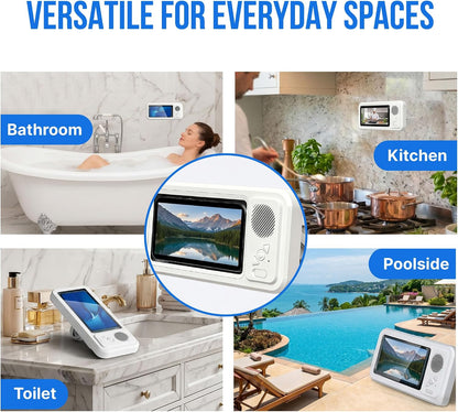 Shower Phone Holder Waterproof with Speaker - Wall Mounted Water Proof Cell Phone Case with Wireless Bluetooth Speaker for Bathroom Mirror - 360 Rotation Hands-Free Holder 7 Inches Phones