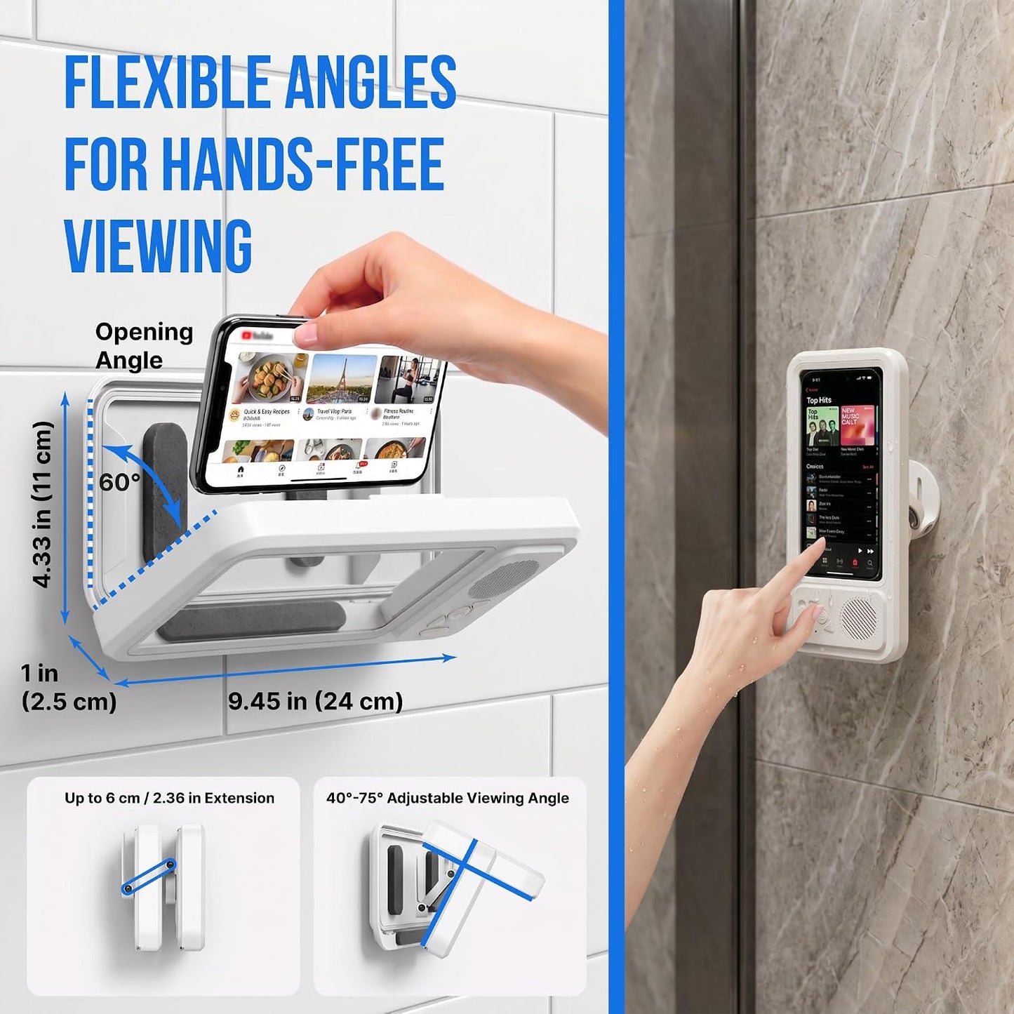Shower Phone Holder Waterproof with Speaker - Wall Mounted Water Proof Cell Phone Case with Wireless Bluetooth Speaker for Bathroom Mirror - 360 Rotation Hands-Free Holder 7 Inches Phones