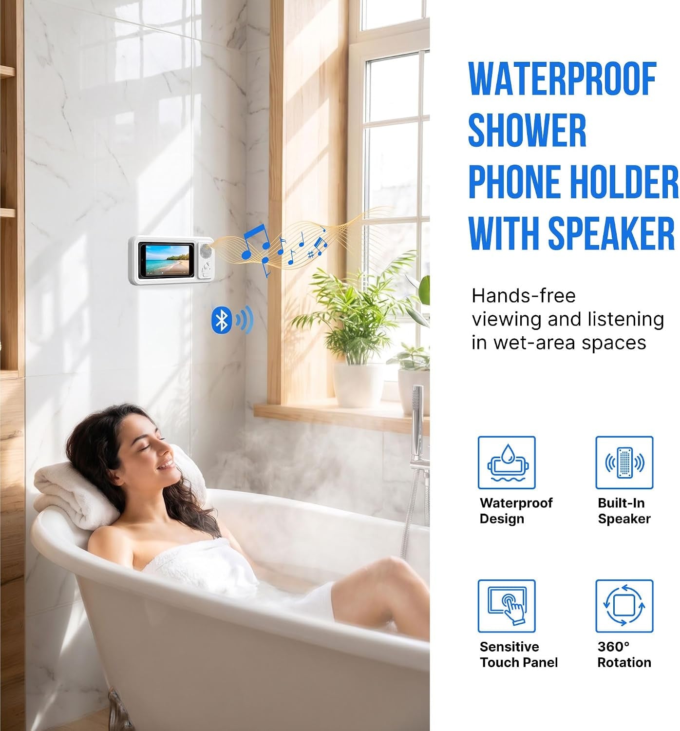 Shower Phone Holder Waterproof with Speaker - Wall Mounted Water Proof Cell Phone Case with Wireless Bluetooth Speaker for Bathroom Mirror - 360 Rotation Hands-Free Holder 7 Inches Phones