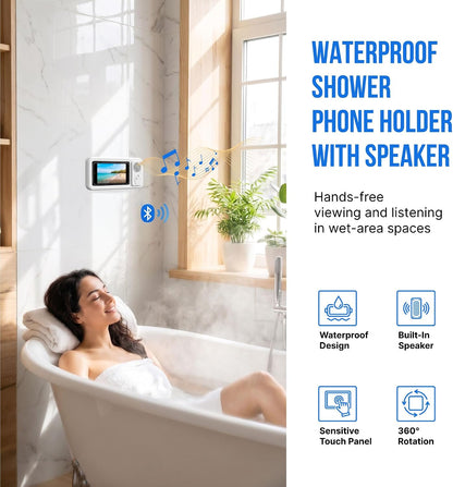 Shower Phone Holder Waterproof with Speaker - Wall Mounted Water Proof Cell Phone Case with Wireless Bluetooth Speaker for Bathroom Mirror - 360 Rotation Hands-Free Holder 7 Inches Phones