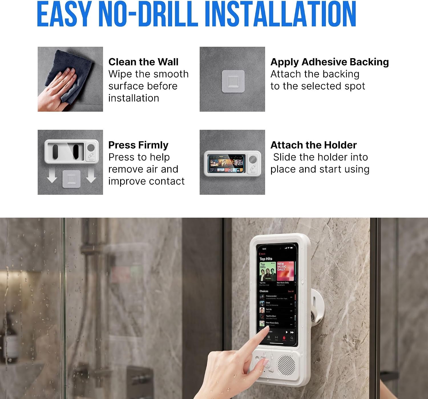 Shower Phone Holder Waterproof with Speaker - Wall Mounted Water Proof Cell Phone Case with Wireless Bluetooth Speaker for Bathroom Mirror - 360 Rotation Hands-Free Holder 7 Inches Phones