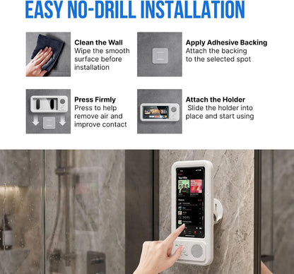 Shower Phone Holder Waterproof with Speaker - Wall Mounted Water Proof Cell Phone Case with Wireless Bluetooth Speaker for Bathroom Mirror - 360 Rotation Hands-Free Holder 7 Inches Phones